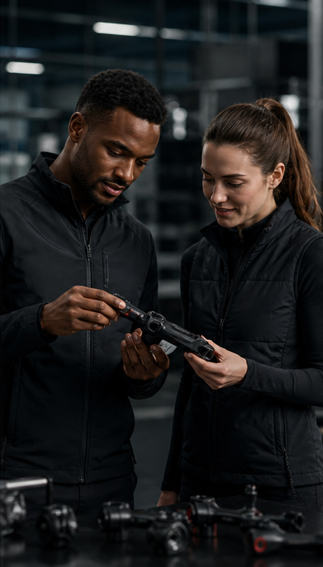 Design and production specialists reviewing a cycling component