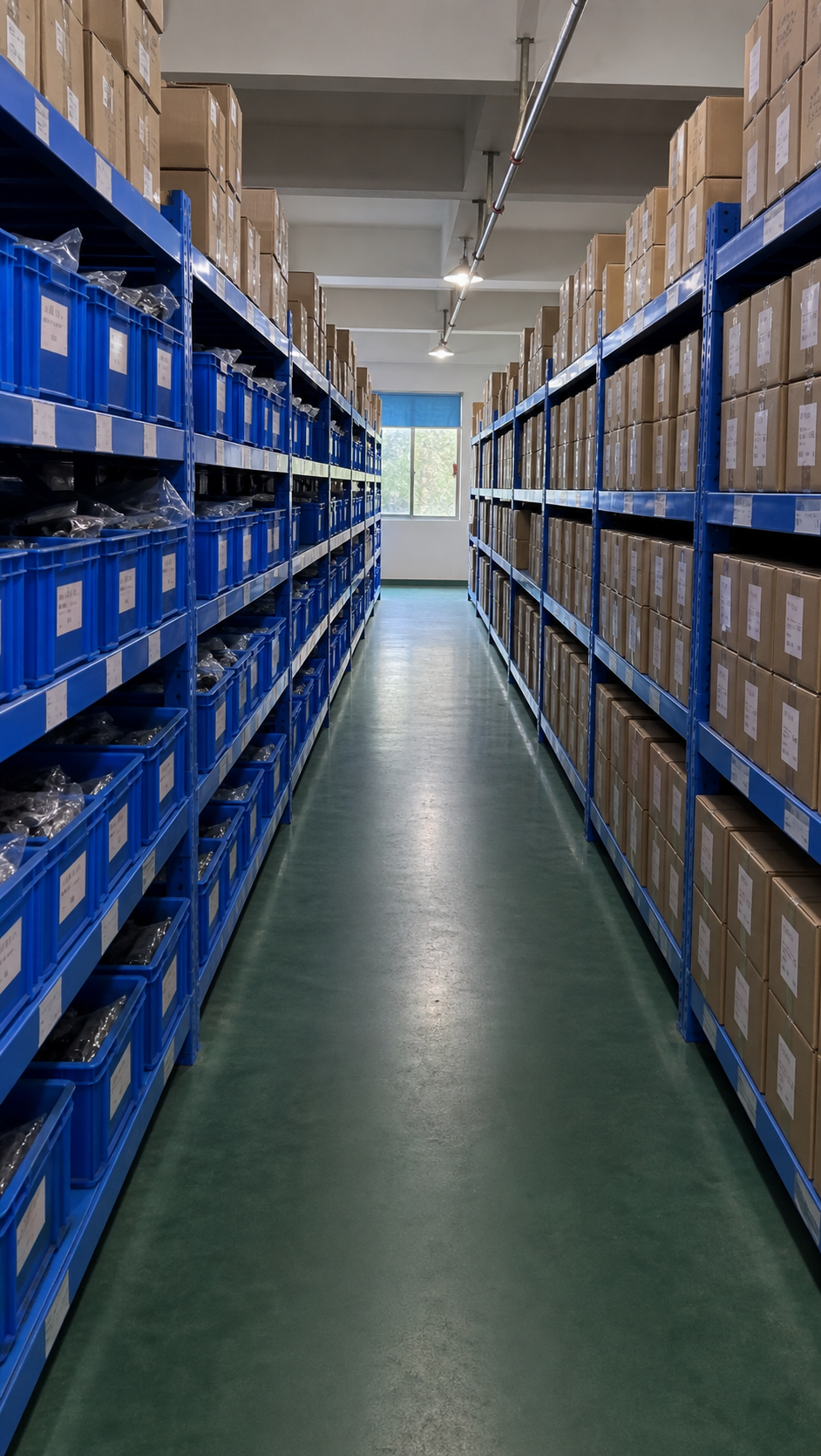 Organized BENGGUO warehouse shelves with blue totes and cartons
